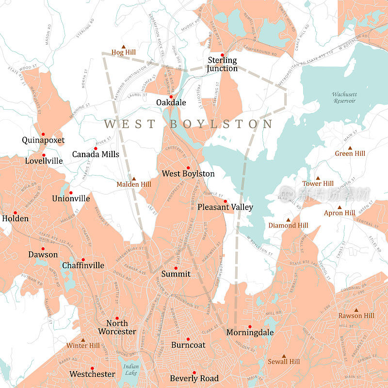 MA Worcester West Boylston矢量路线图